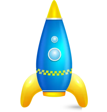 a blue and yellow rocket on a white background