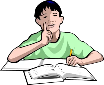 a boy sitting at his desk with a book and pencil