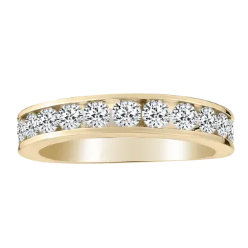 a yellow gold wedding band with five round diamonds