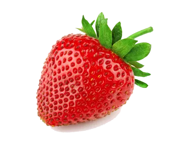 a strawberry with green leaves on it