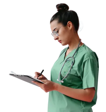 a female doctor writing on a clipboard