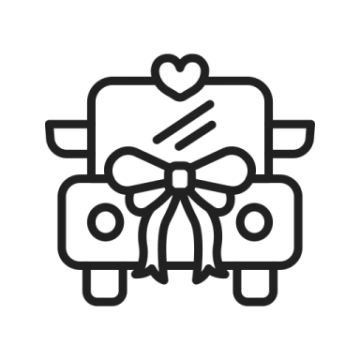 a black and white icon of a car with a bow