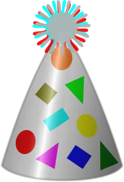 a party hat with colorful shapes on it