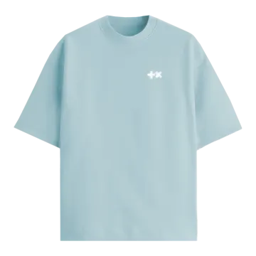 a light blue t - shirt with white logo