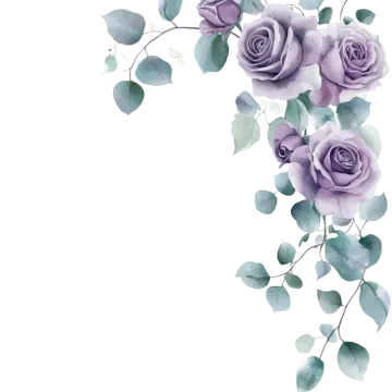 a watercolor painting of purple roses and green leaves