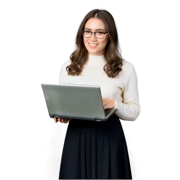 a woman wearing glasses and holding a laptop