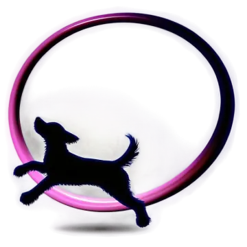 a black dog jumping through a pink ring