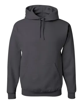 a dark grey hoodedie sweatshirt with the hood up