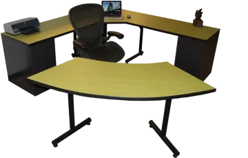 a desk with a computer on top of it