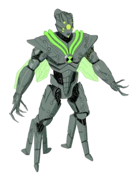 a drawing of a robot with green and black accents