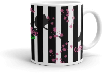a black and white striped mug with pink flowers on it