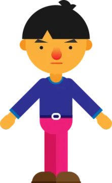 a cartoon character with a blue shirt and pink pants