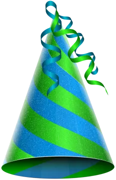 a blue and green party hat with a ribbon