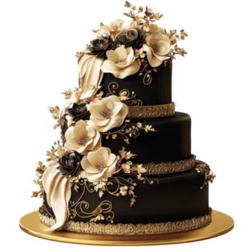 a black and gold wedding cake with flowers