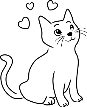 a black and white drawing of a cat with hearts