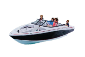 a black and white boat with two people in it