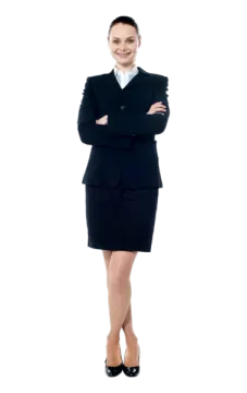 a woman in a business suit with her arms crossed