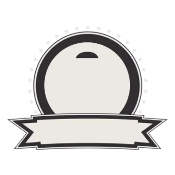 a black and white badge with stars around it
