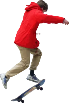 a man in a red jacket riding a skateboard