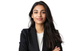 a woman in a business suit with her arms crossed