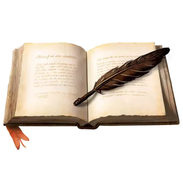 an open book with a feather on top of it