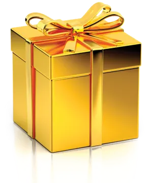 a gold gift box with a bow