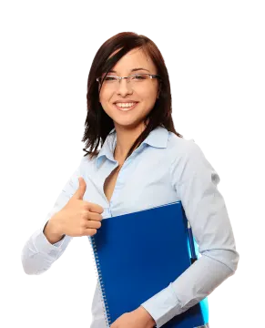 a woman wearing glasses and holding a notebook
