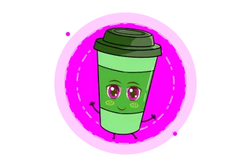 a green coffee cup with a smiling face