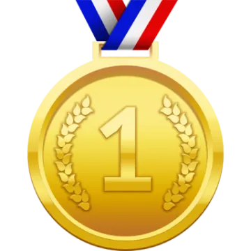 a gold medal with a red, white and blue ribbon
