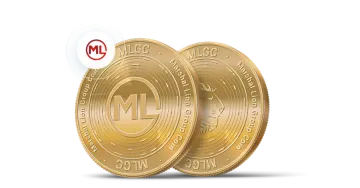 a stack of gold coins with the letter m on top