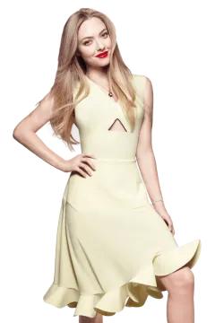 a woman wearing a yellow dress and red lipstick