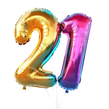 the number 21 balloon in gold, pink and blue