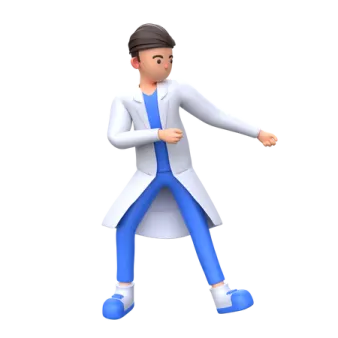 a person in a white coat and blue pants