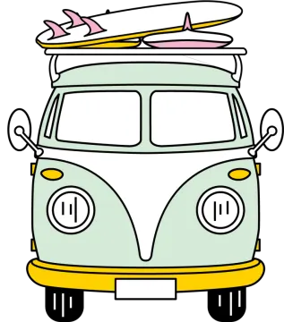 a vw van with surfboards on top