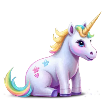 a cartoon unicorn sitting down on the ground