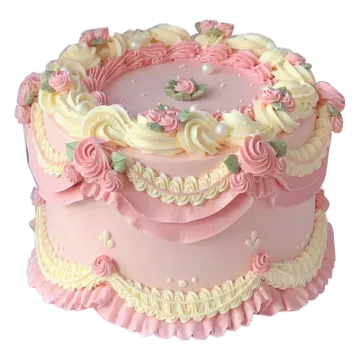 a pink cake with roses and pearls on top