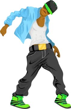 a man in a blue jacket and green shoes dancing