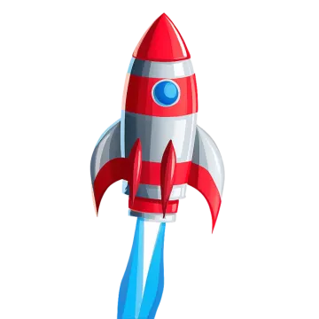 a red and white rocket with a blue tail