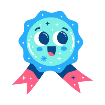 a blue badge with a smiling face and stars around it