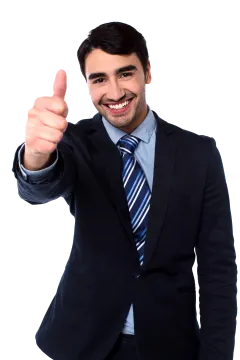 a man in a suit giving a thumbs