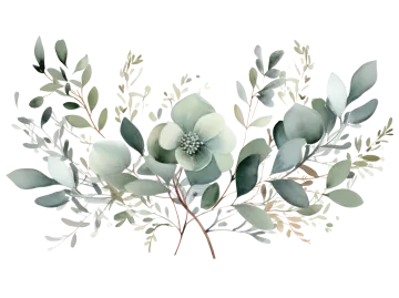 a watercolor painting of green leaves and flowers