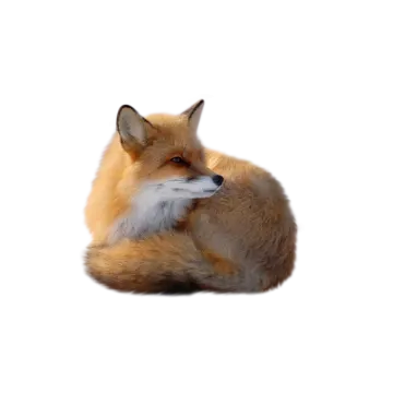 a red fox laying down on the ground