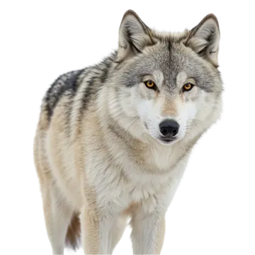 a gray wolf standing in front of a white background