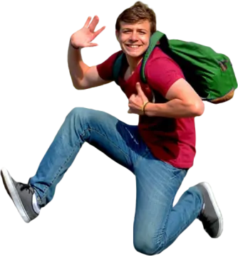 a man with a backpack jumping in the air