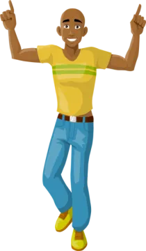 a black man in a yellow shirt and blue jeans