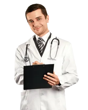 a man in a white coat and tie holding a clipboard
