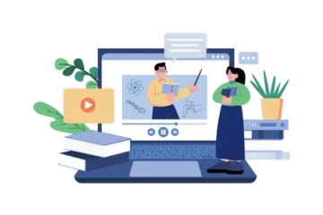 two people sitting on a laptop with a video screen in front of them