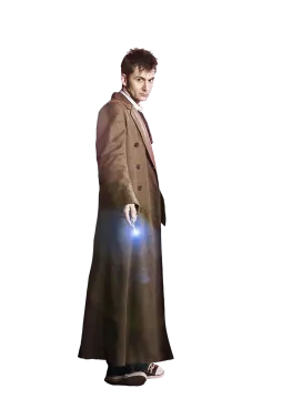 a man in a long coat holding a light