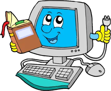 a cartoon computer with a book and mouse