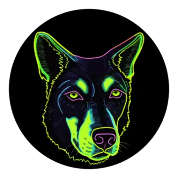 a black dog with neon green eyes